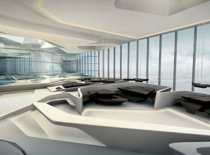 Εσωτερικό The Opus Dubai της Zaha Hadid με μεγάλα υαλοστάσια, καμπύλη γεωμετρία και έντονο φυσικό φωτισμό σύγχρονης αρχιτεκτονικής